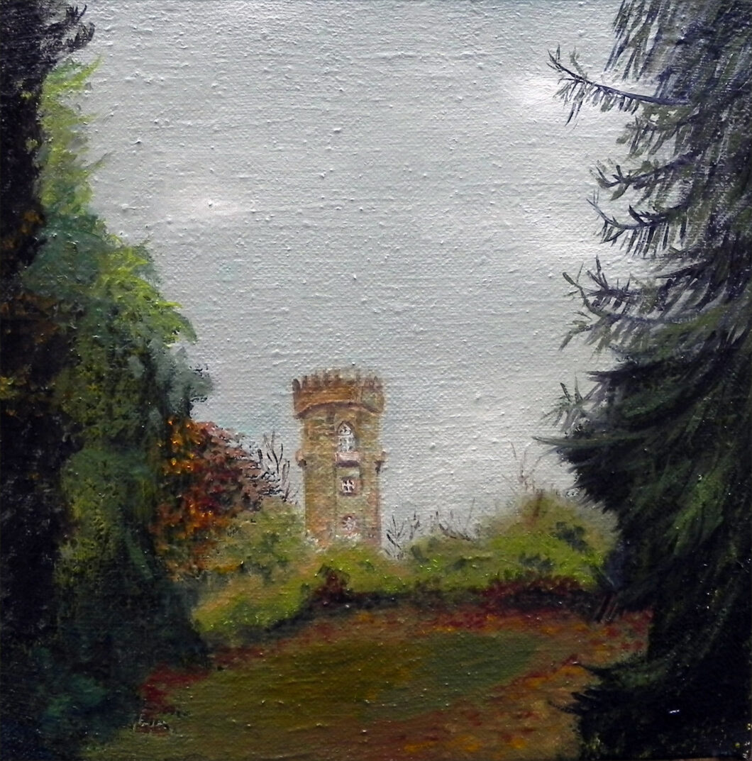 Wartturm Wilhelmsthal, LAndschaftsbild von Ariane Zuber, 30x30 cm, Ol auf Leinen